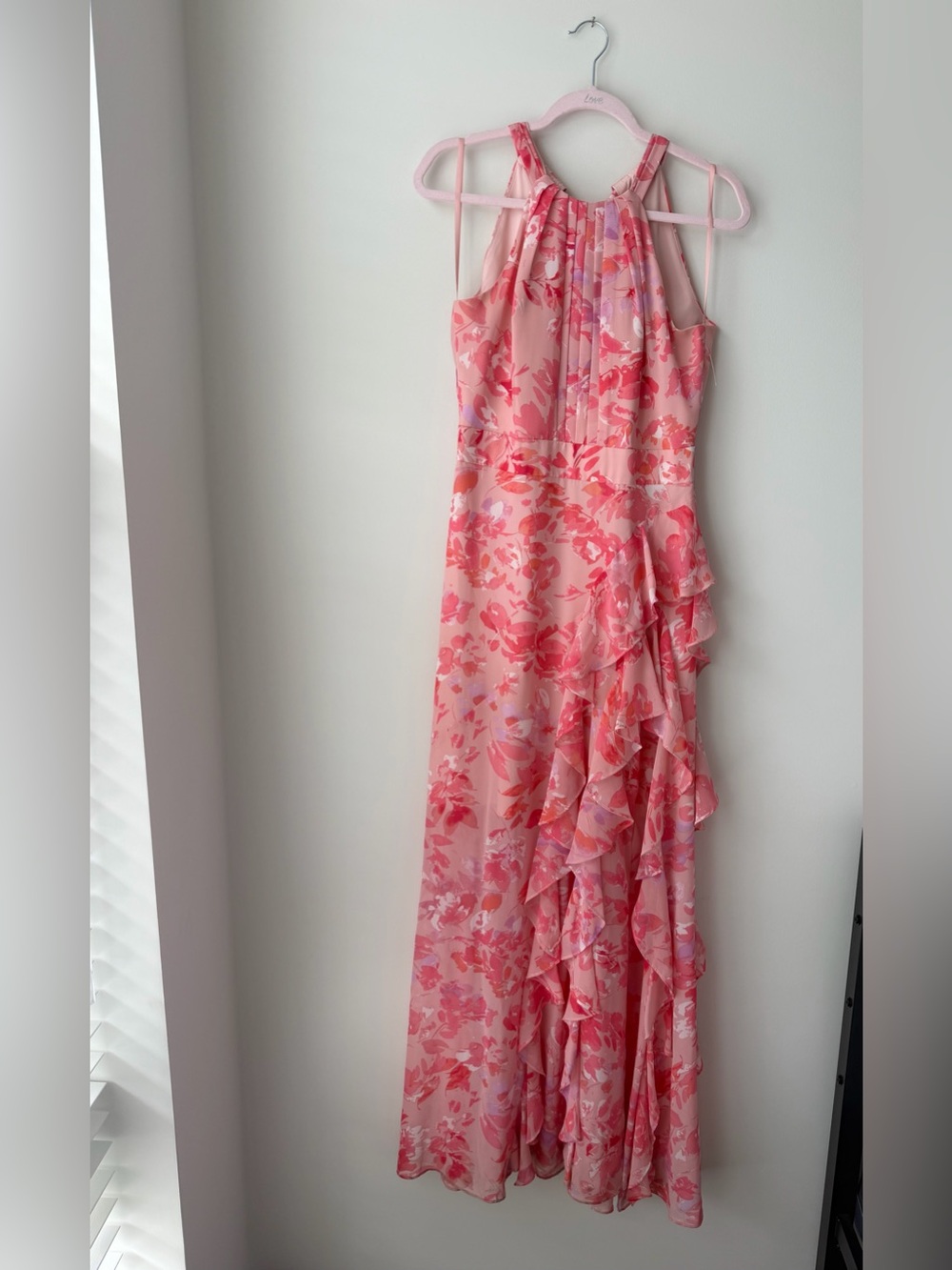 Eliza J Pink Floral Halter Ruffle Maxi Dress
